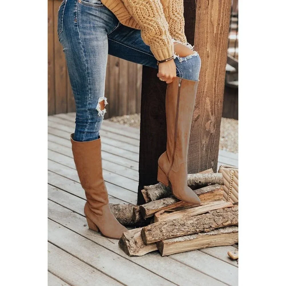 🆕Womens Suede Brown Side Zipper Knee High Pointed Toe Chunky Heel Tall Boots